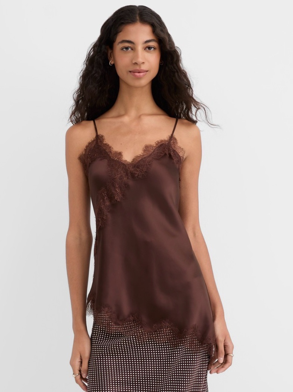 Asymmetrical Satin Lace Trim Cami Tank Womens S NWOT - Chocolate Brown